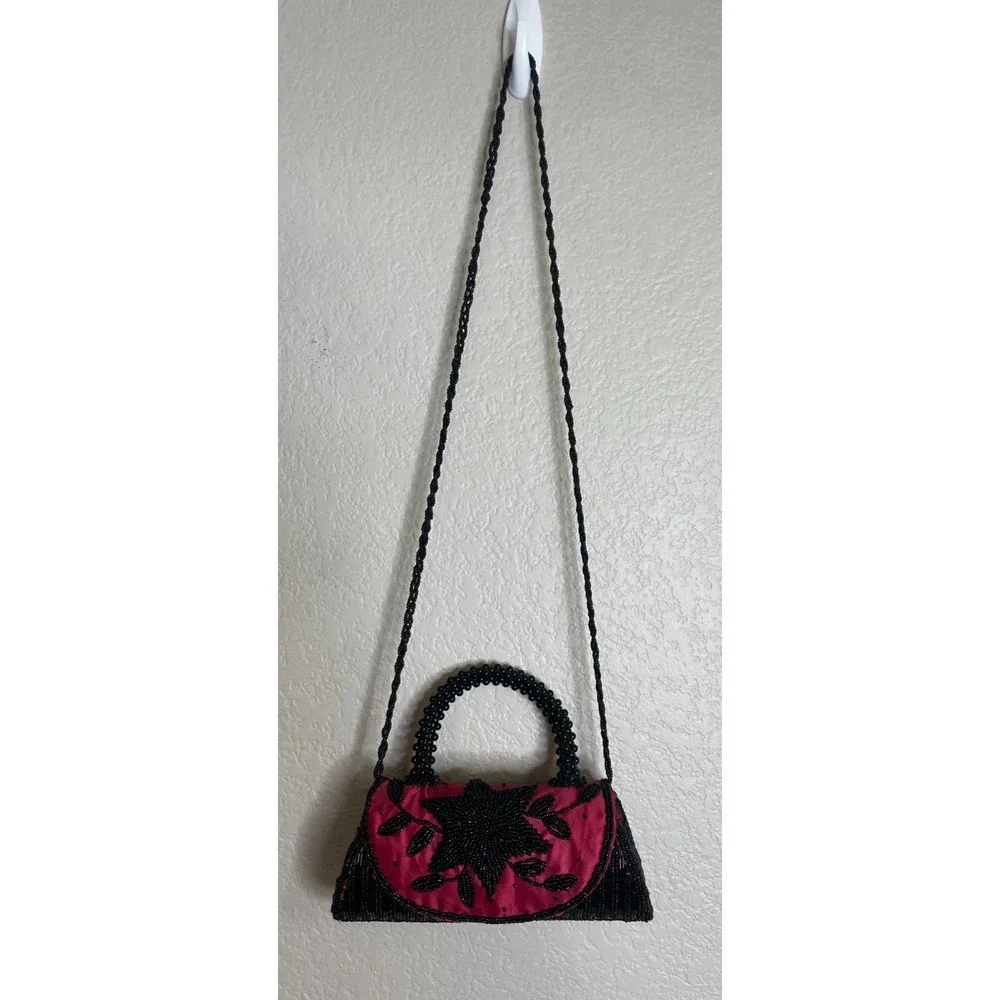 Vintage Glass Beaded Red Black Floral Crossbody Purse‎ Bag Clutch Party Cruise